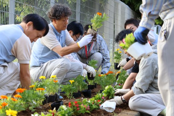 筑波事業所での苗植え作業の様子
